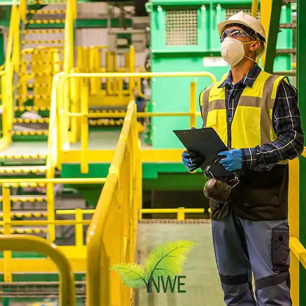 A professional in a hi-vis vest and respirator mask conducting a hazardous waste removal and disposal assessment on-site.